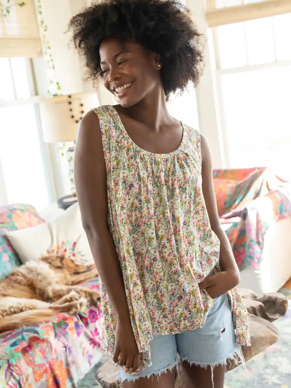 Free Spirit Cotton Tank Top - Cream Botanicals