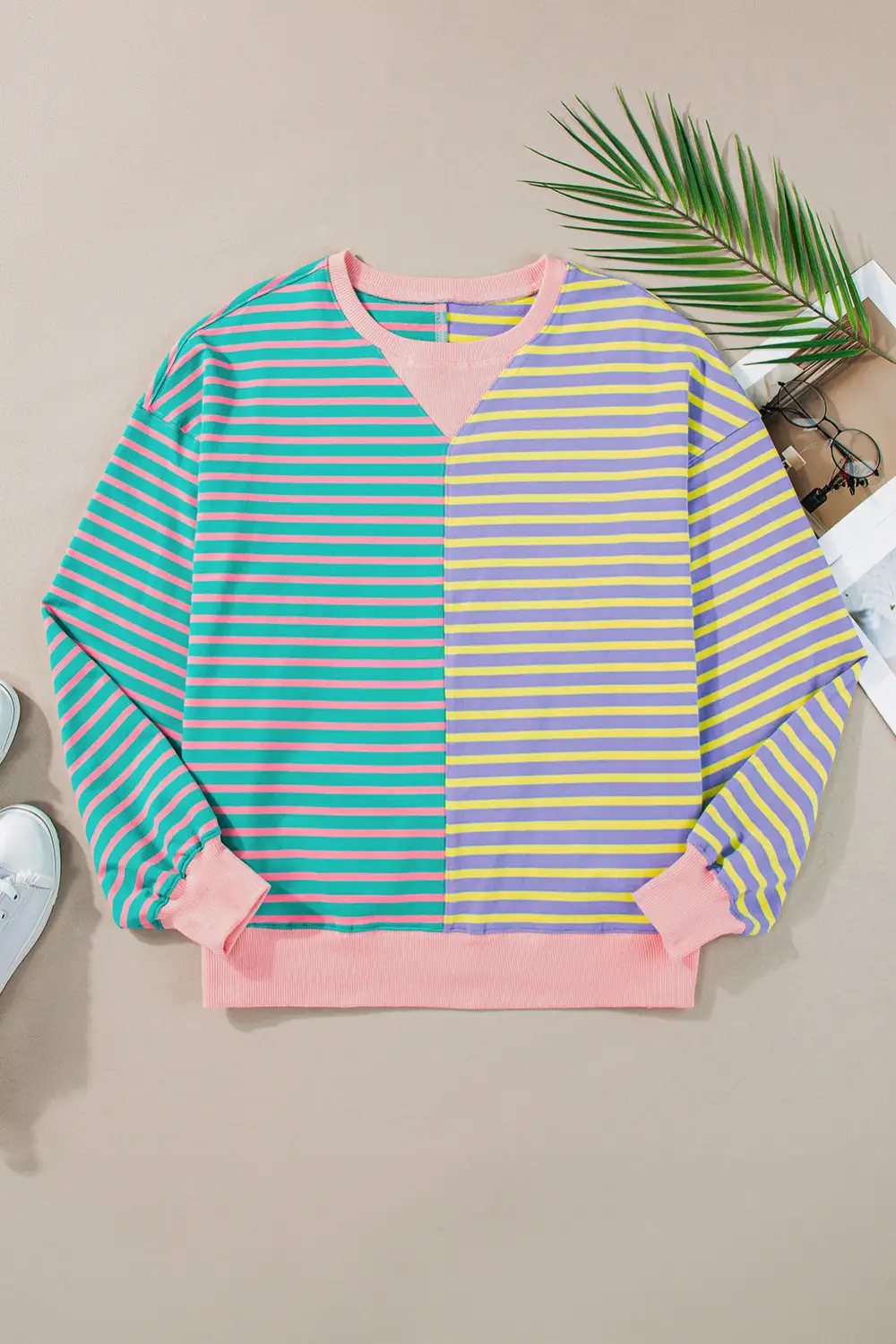 Stripe Colorblock Drop Shoulder Oversize Sweatshirt Pullover