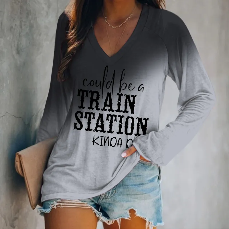 Could Be A Train Station Kinda Day V Neck Long Sleeve T-Shirt