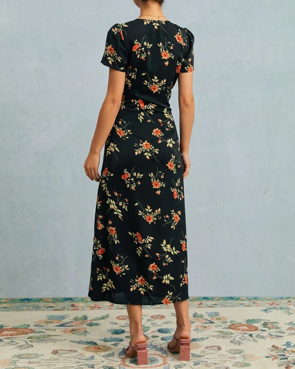 Black V-neck floral dress