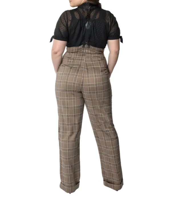 Unique Vintage Plus Size 1930s Dark Beige Windowpane Thelma Suspender Pants