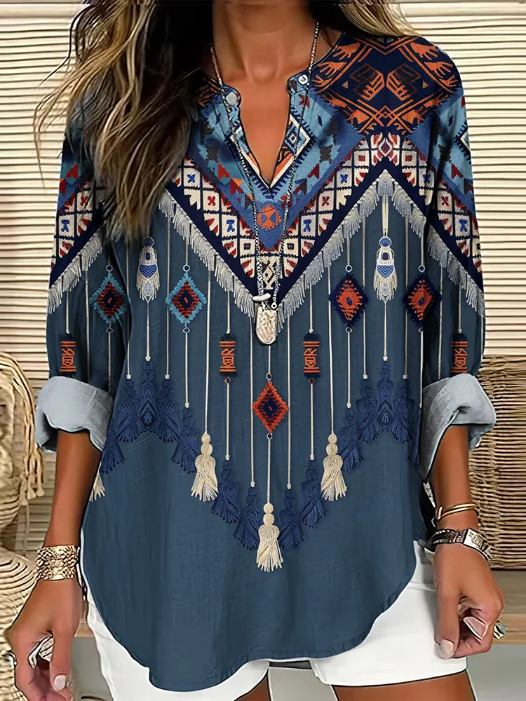 Western Ethnic Fringe Print V-Neck Long Sleeved Shirt