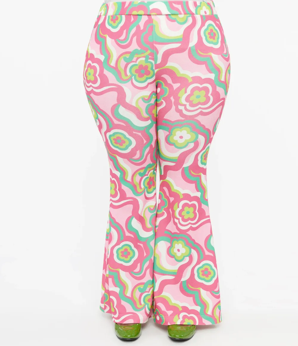 Barbie X Smak Parlour Plus Size 1970s Pink & Green Floral Evening In Flare Pants