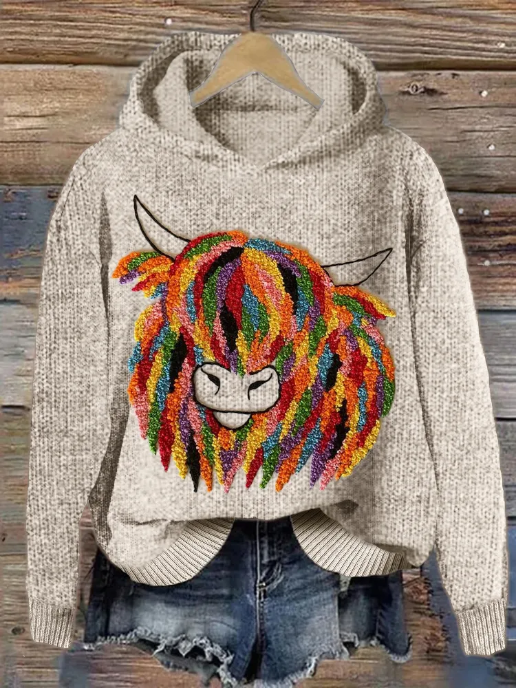 Colorful Highland Cow Embroidery Art Cozy Knit Hoodie