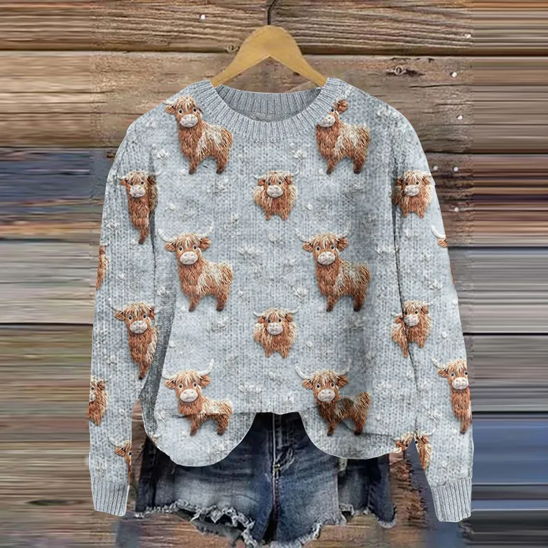 Highland Cow Print Knitted Pullover Sweater