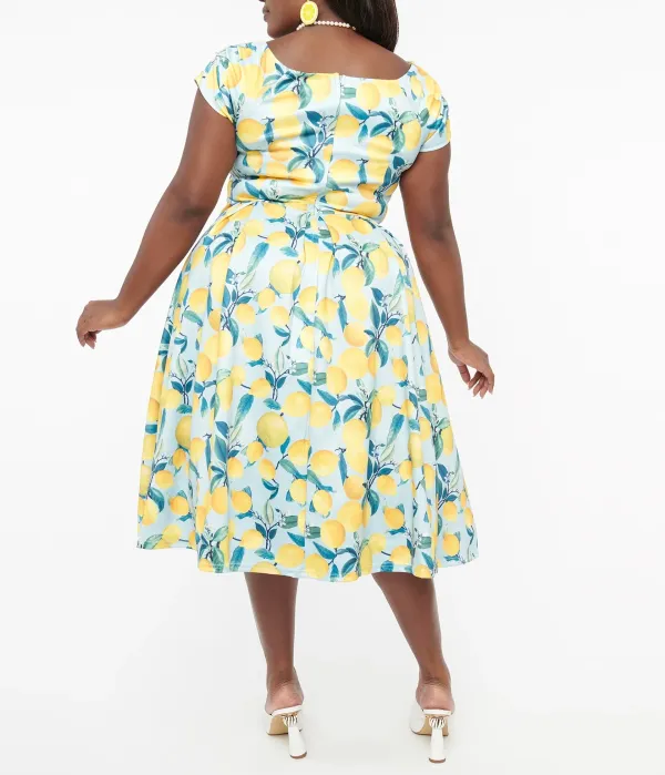 Dolly & Dotty 1950s Blue & Yellow Lemon Off The Shoulder Lily Swing Dress