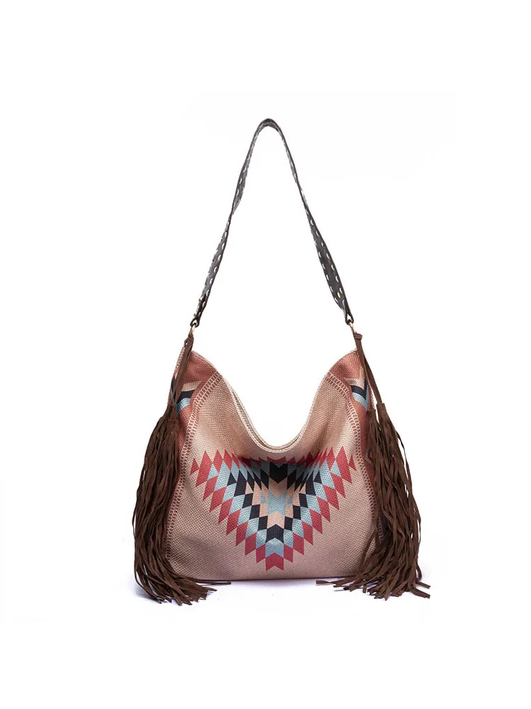 Women's Retro Ethnic Style Printed Tassel Shoulder Bag