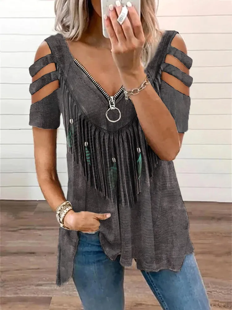 Vintage Western Feather Fringe Cozy Out Zip Up T-Shirt