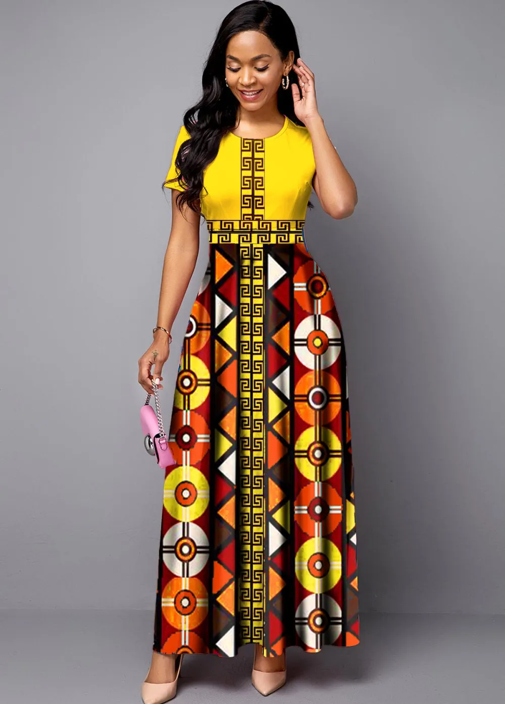 Round Neck Bohemian Print Short Sleeve Maxi Dress