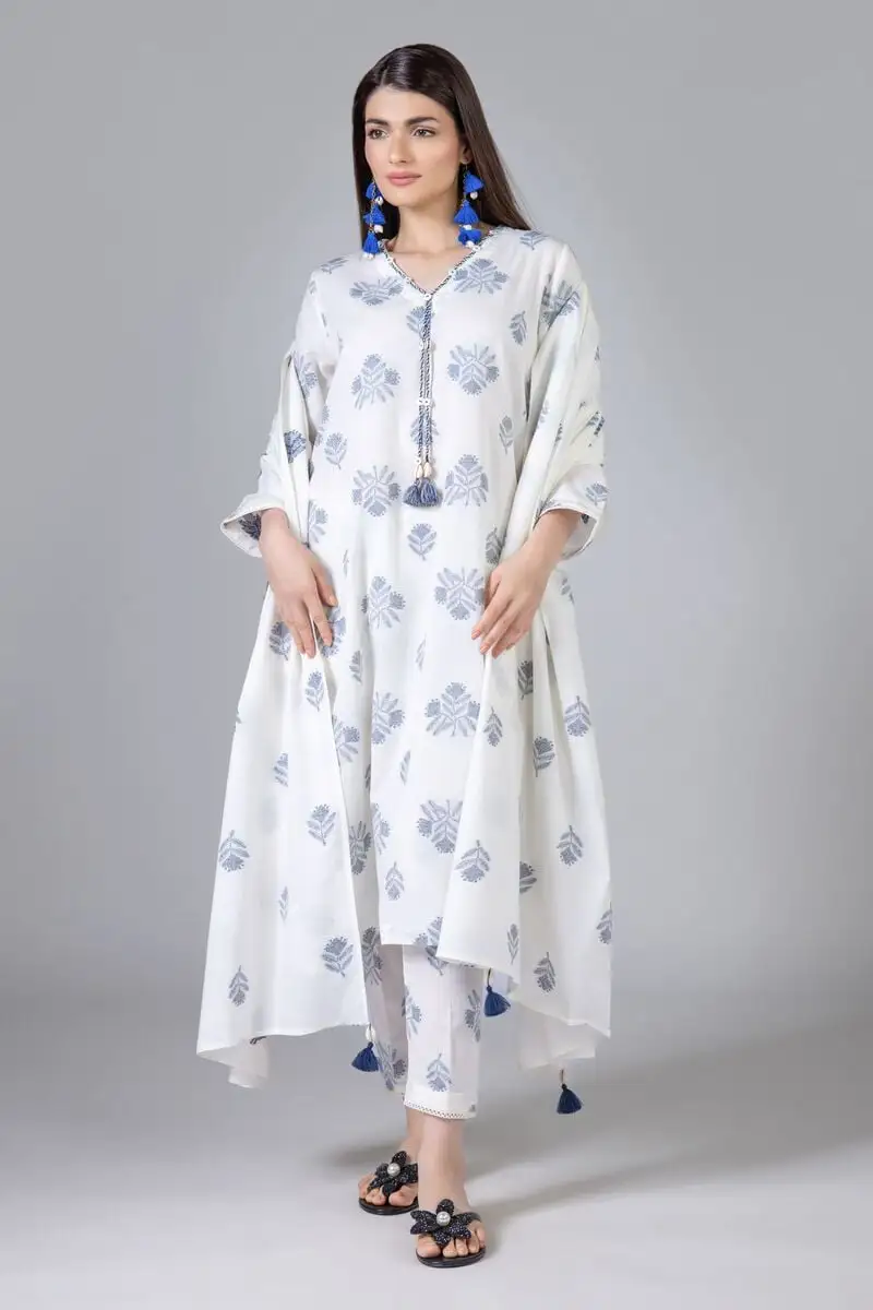 3 Piece Kurta Embroidered | Dupatta& Bottom & Tops | Color white and gray