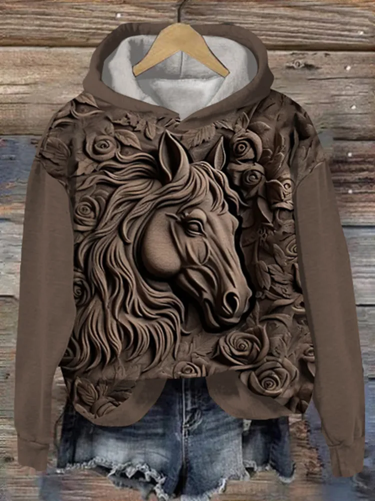 Vintage Western Horse Print Casual Hoodie