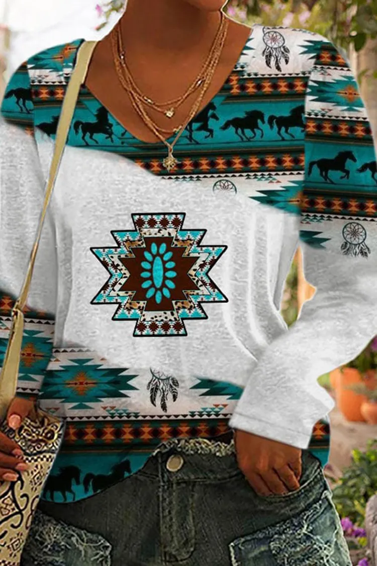 Western Print V-Neck Long Sleeve T-Shirt