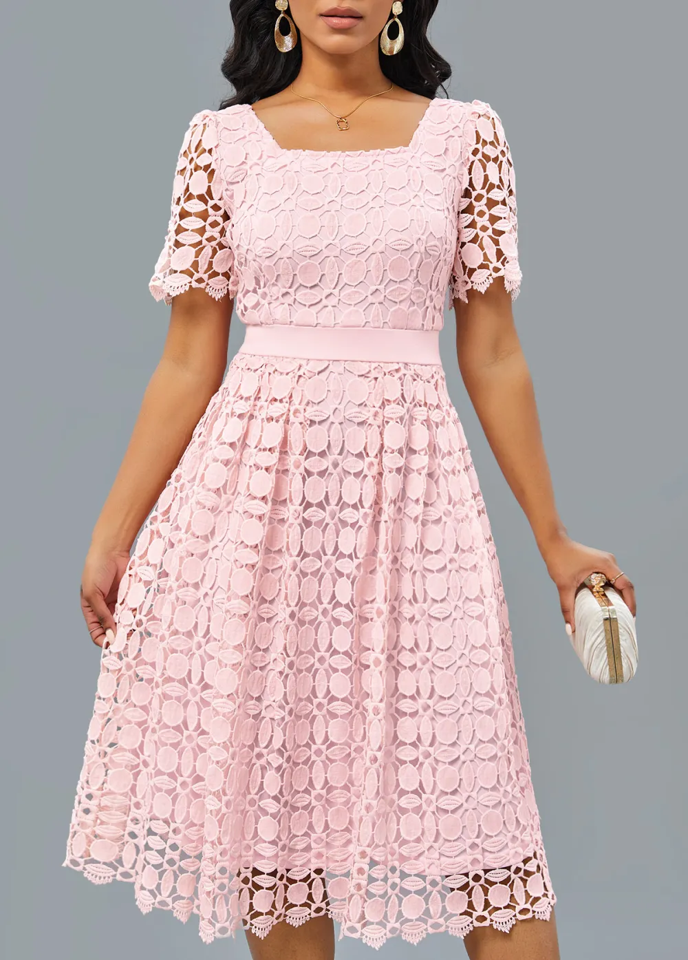 Patchwork Light Pink Short Sleeve Square Neck Dress