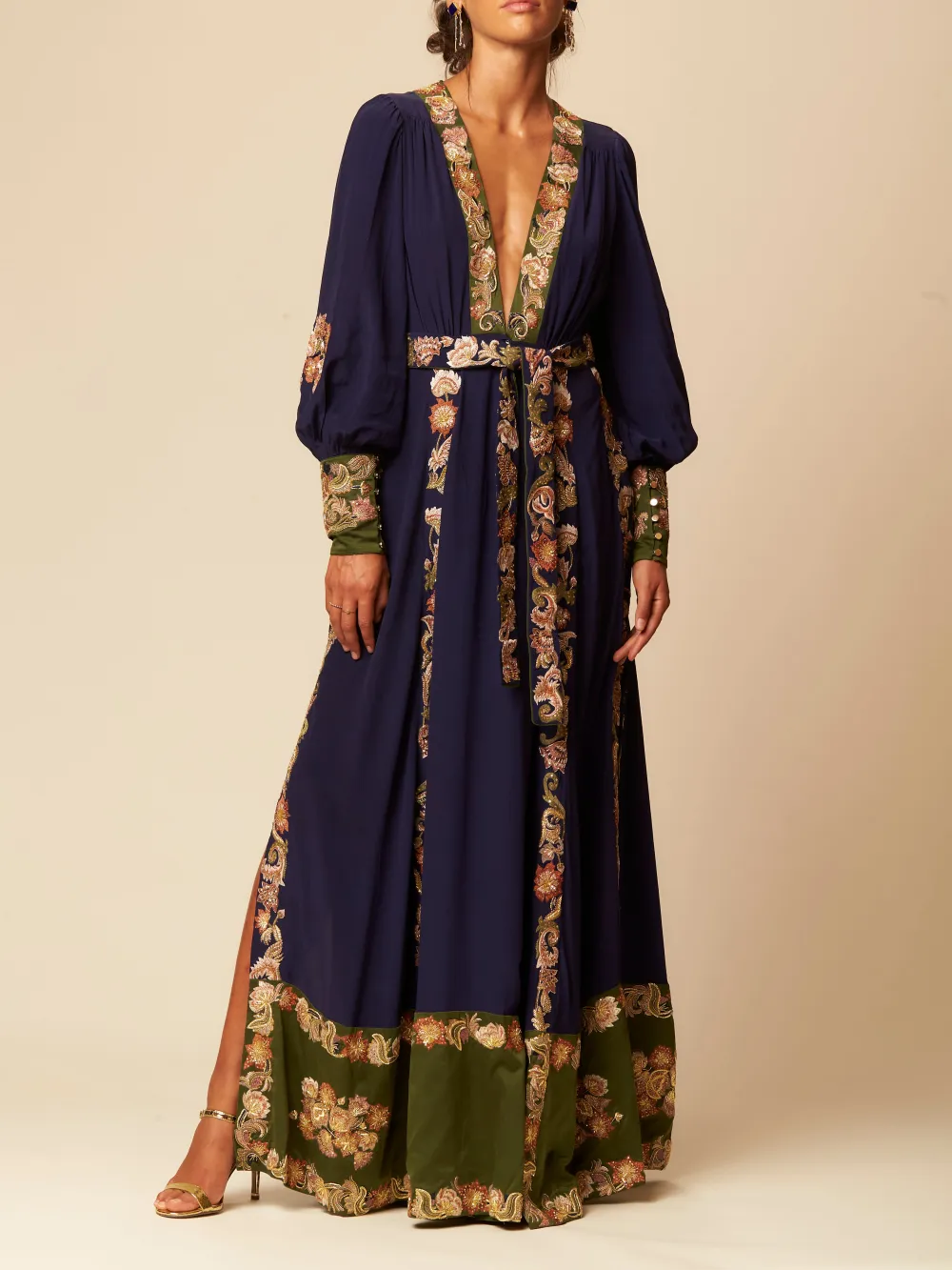 Blue V-neck slit robe dress