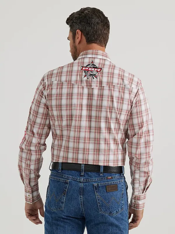 MEN'S WRANGLER® PBR® LOGO LONG SLEEVE PLAID WESTERN SNAP SHIRT IN RED TAN