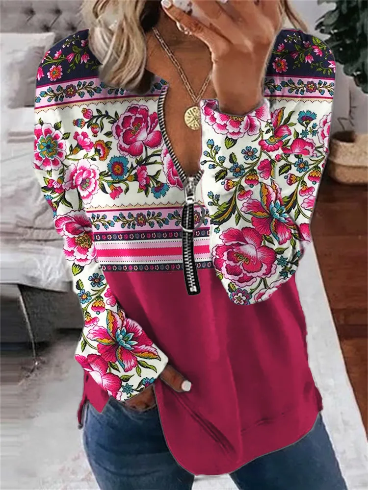 Western Turquoise Ethnic Floral Colorblock Zip Up Sweatshirt