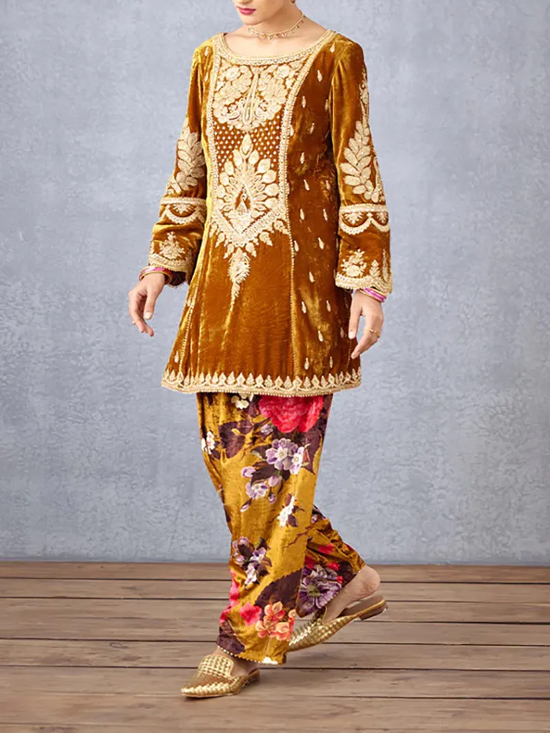 Yellow heavily hand-embroidered velvet suit