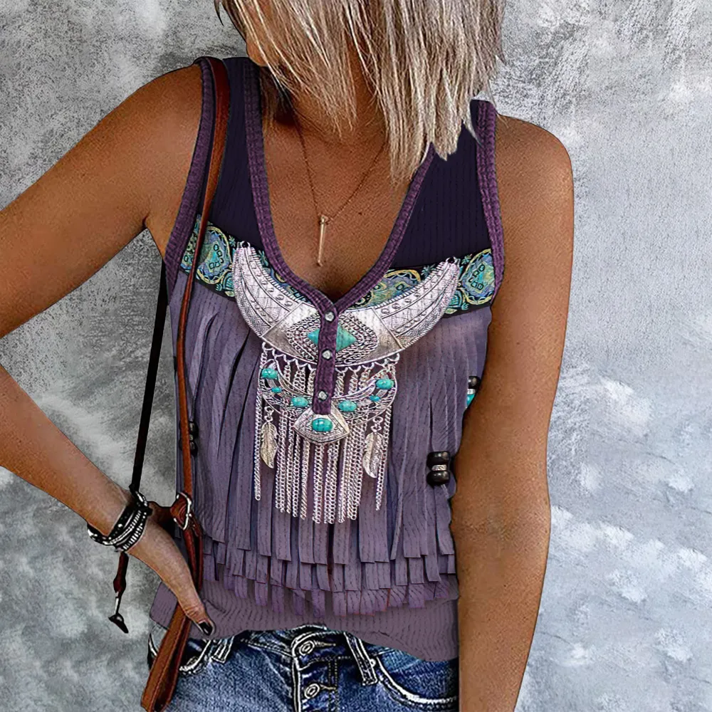 Western Tassel Print V-Neck Tank Top