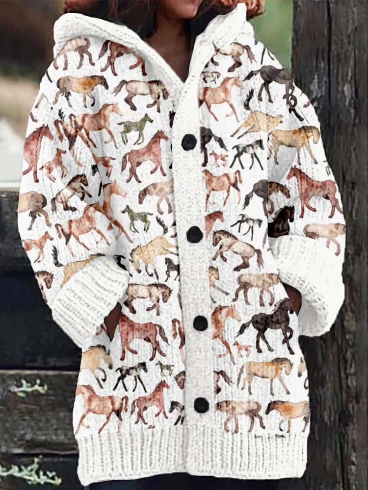 Western Horses Running Pattern Cozy Hooded Cardigan