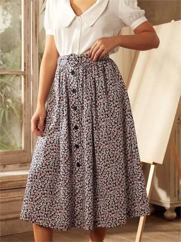 High Waisted Floral Skirts With Pockets