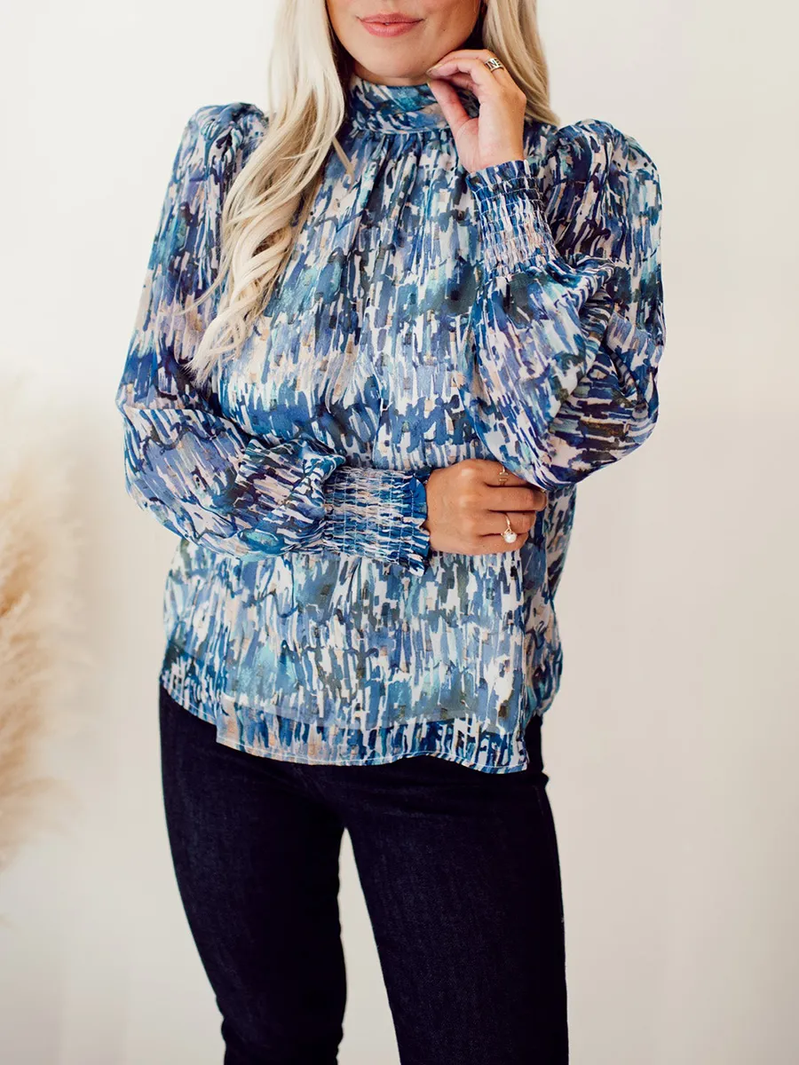 High neck blue abstract pattern shirt