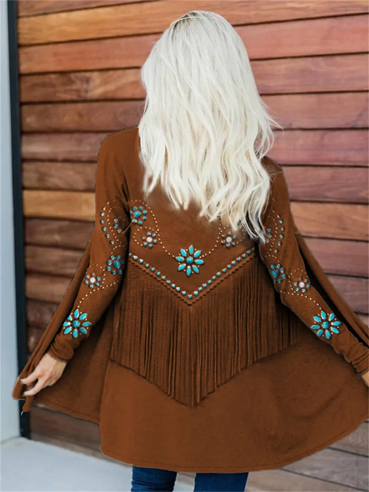 Western Turquoise Flowers Leather Art Cardigan