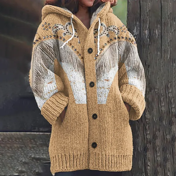 Western Fringed Print Knitted Hooded Cardigan