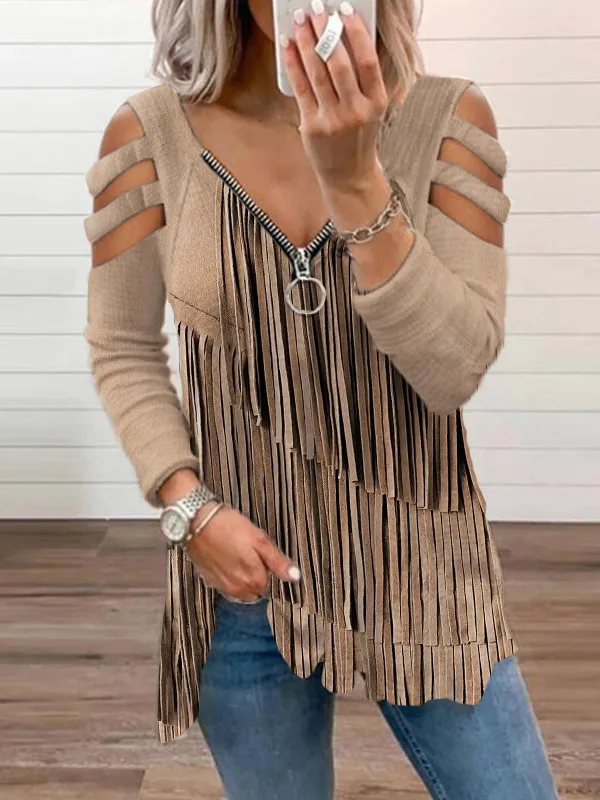 Western Leather Fringe Hollow Shoulder T Shirt