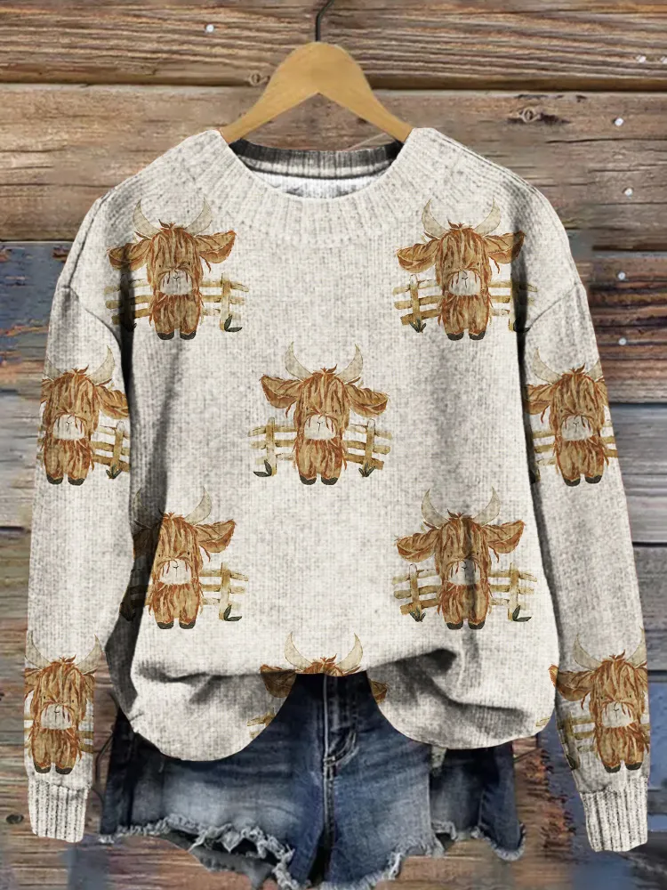 Lovely Highland Cow Art Pattern Vintage Cozy Sweater