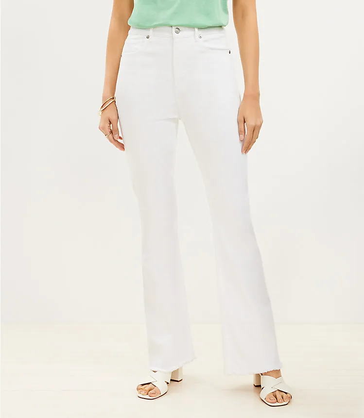 Frayed High Rise Slim Flare Jeans in White