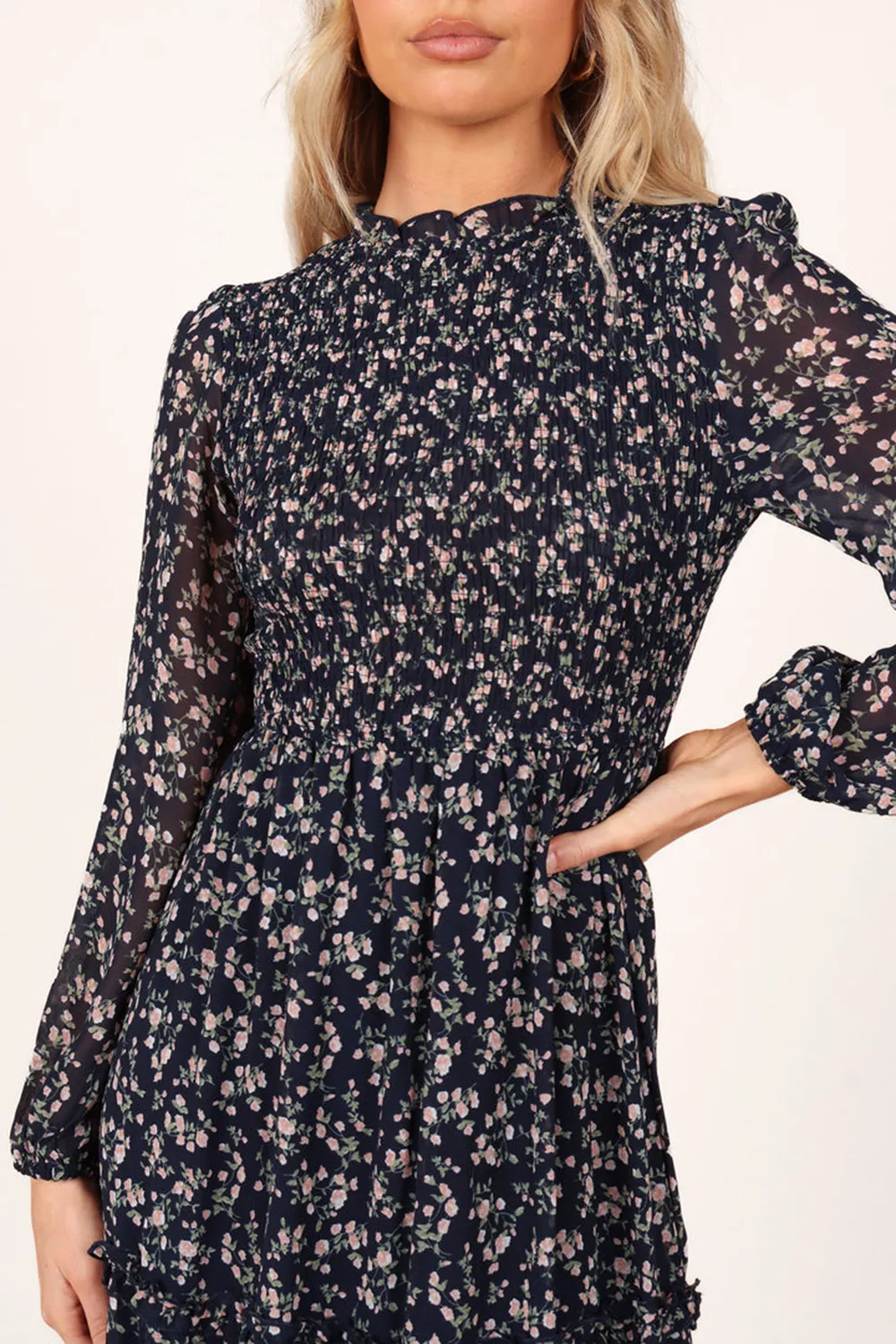 EDWINA SHIRRED FRILL LONG SLEEVE MIDI DRESS - NAVY FLORAL