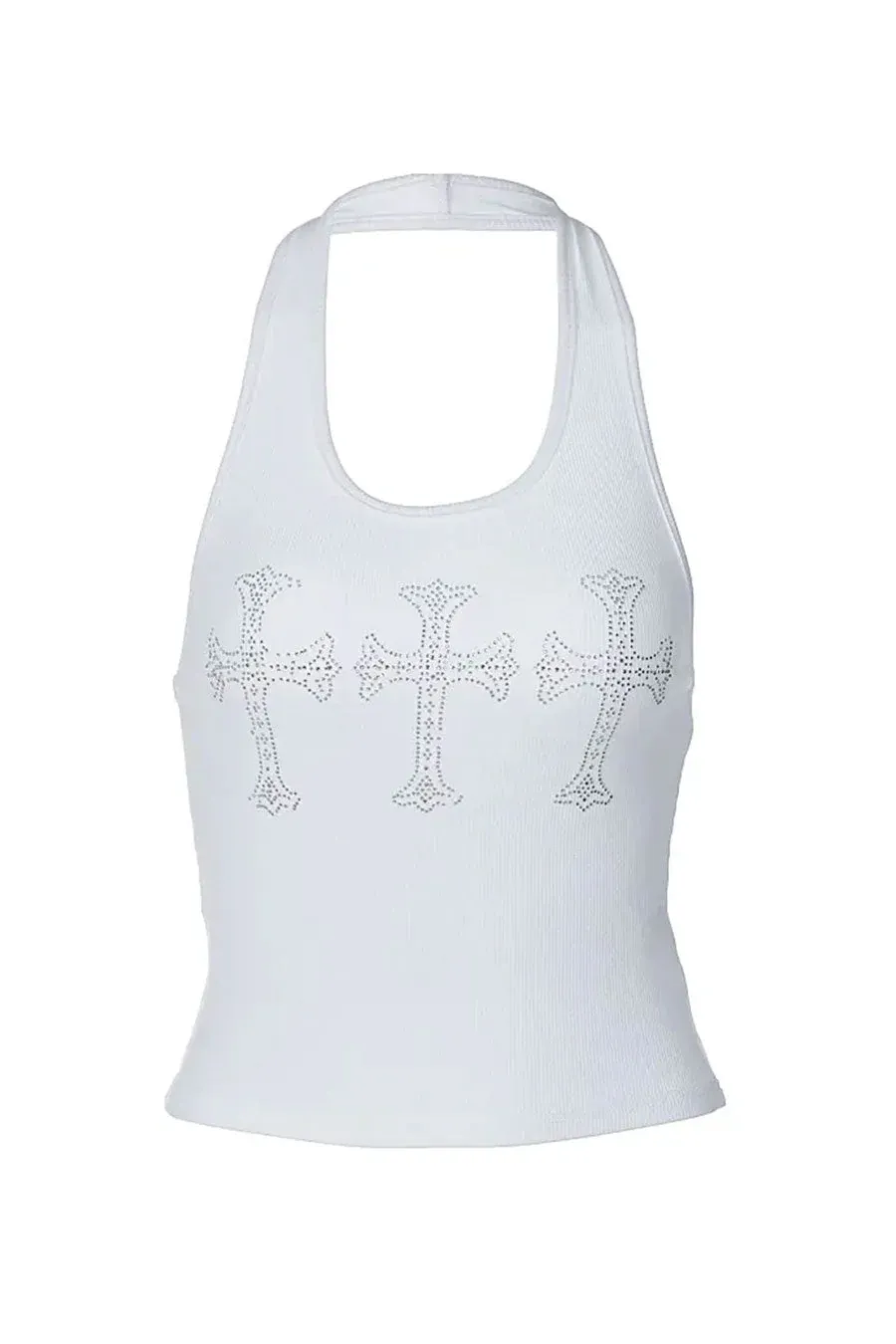 Y2K Cross Rhinestone Print Halter Ribbed Tank Top