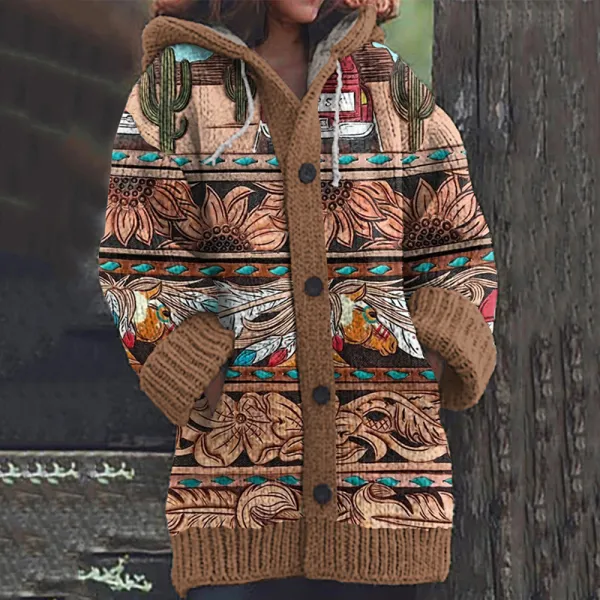 Vintage Western Multi-Elementt Pattern Knitted Hooded Cardigan