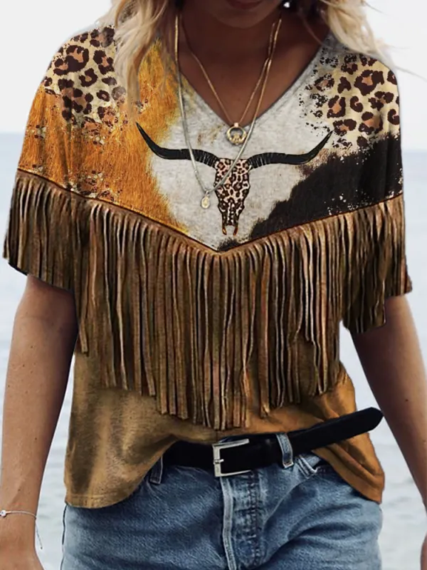 Western Bull Skull Leopard Cowhide Leather Art Graphic T Shirt