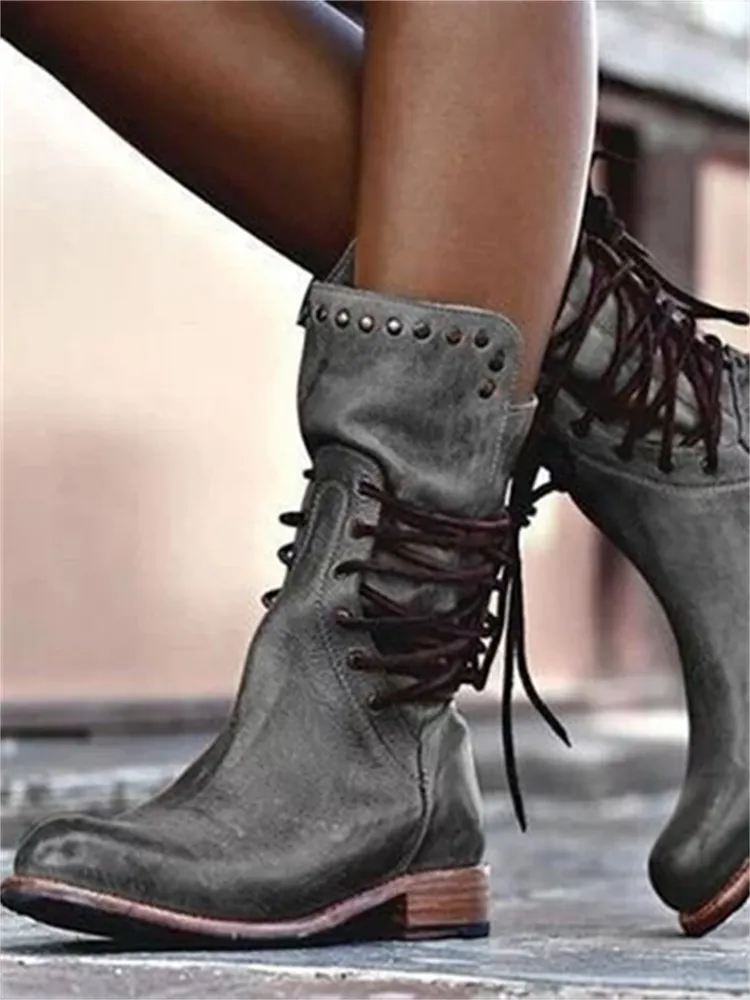 Vintage Washed Studded Laced Boots