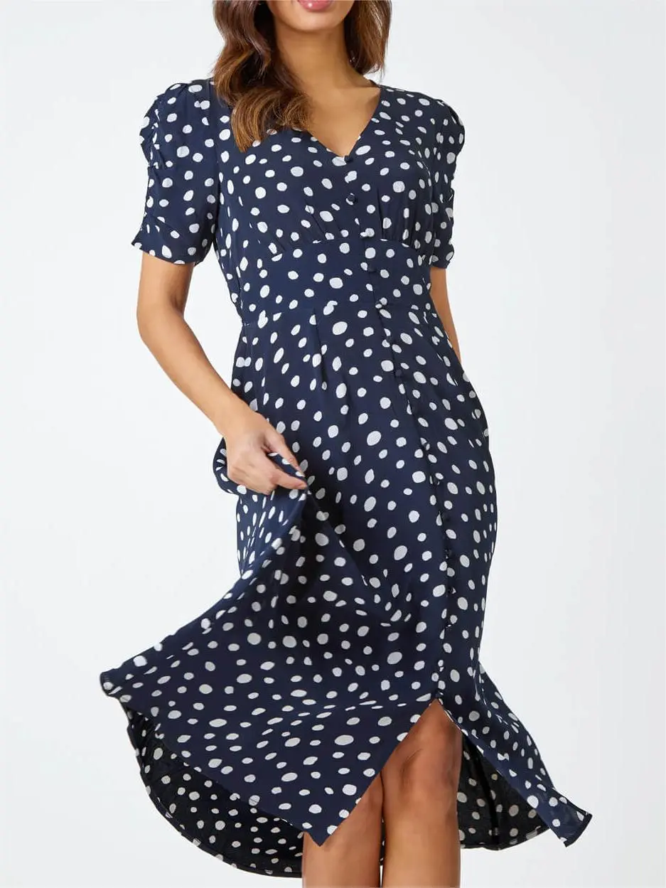 V-neck polka dot button dress