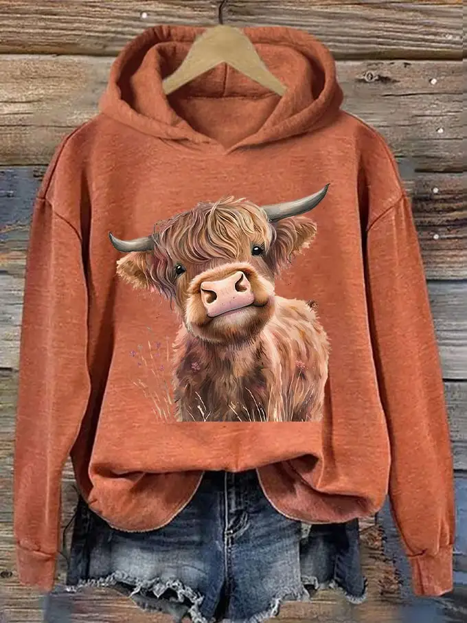 🔥Buy 3 Get 10% Off🔥🔥Buy 3 Get 10% Off🔥Women's Western F Highland Cow Printed Hooded Sweatshirt