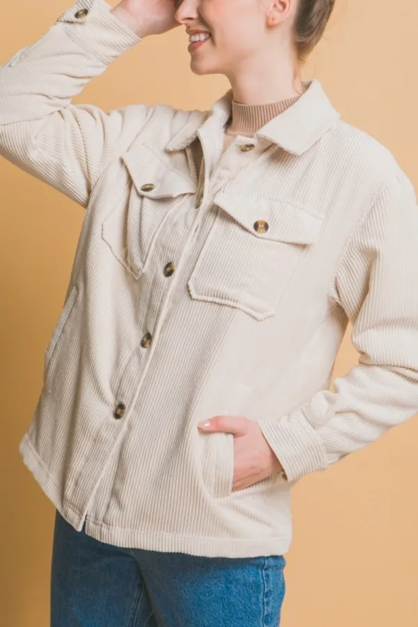 Corduroy Button Up Sherpa Jacket - Cream