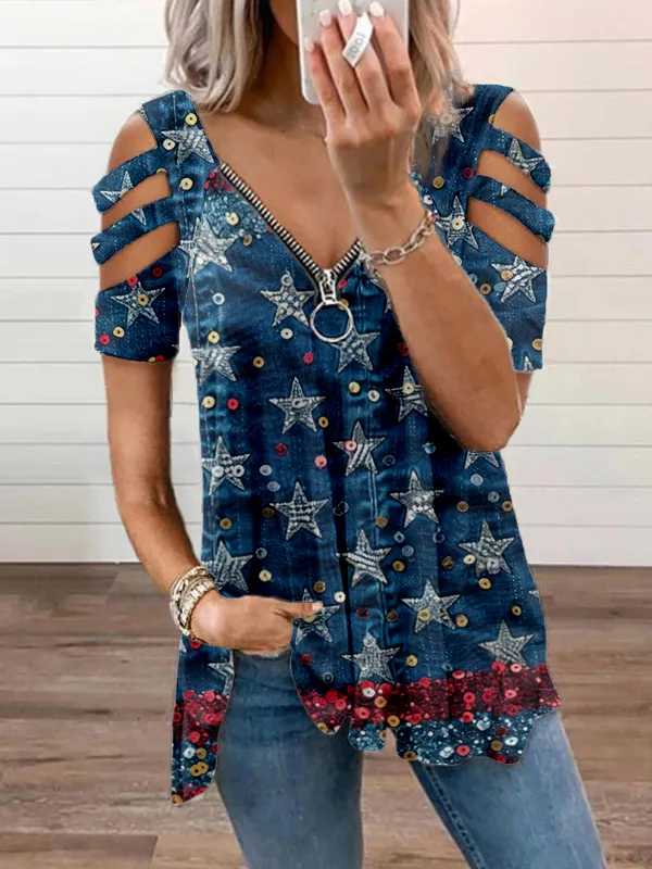 American Flag Inspired Sequin Hollow Shoulder T Shirt