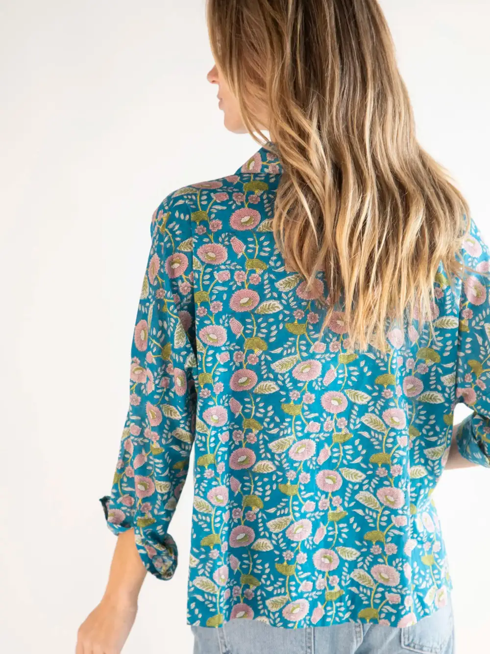 Lara Button Down - Blue Pink Floral Vines