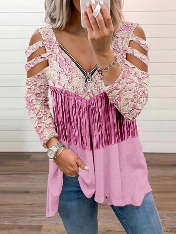 Western Lace Tassels Hollow Shoulder T Shirt