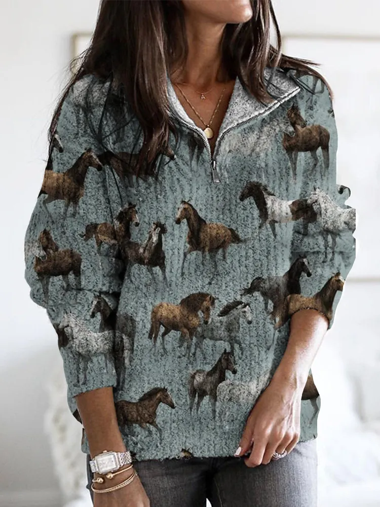 Western Wild Horses Pattern Zip Up Cozy Sweater