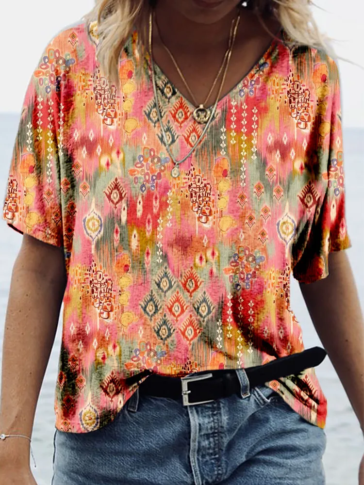 Western Colorful Ethnic Pattern V Neck Comfy T Shirt