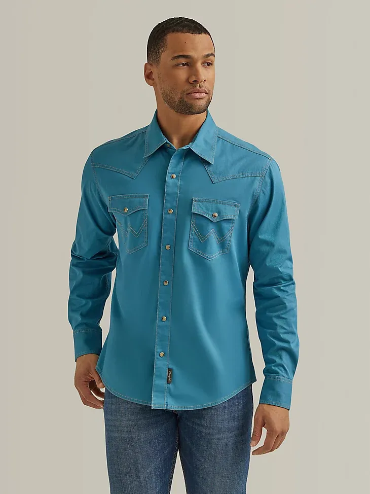 MEN'S WRANGLER RETRO PREMIUM WESTERN SNAP SOLID SHIRT IN SILVER GREY