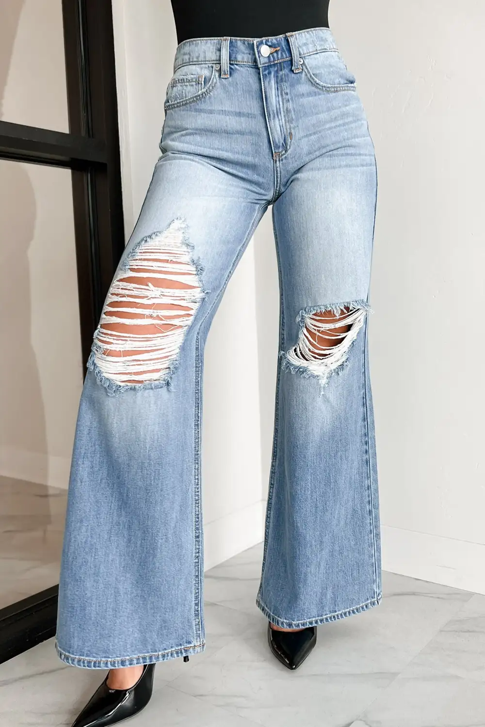 Kyra High Rise Distressed Wide Leg Sneak Peek Jeans