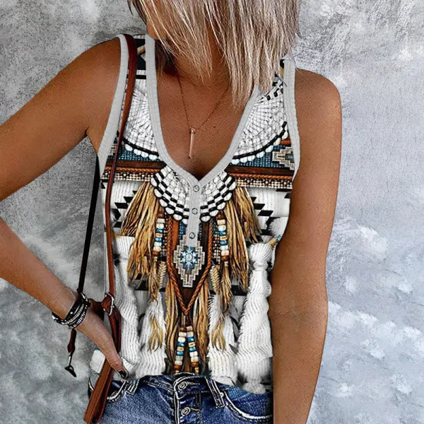 Western Tribal Eagle Tassels Button Up Tank Top