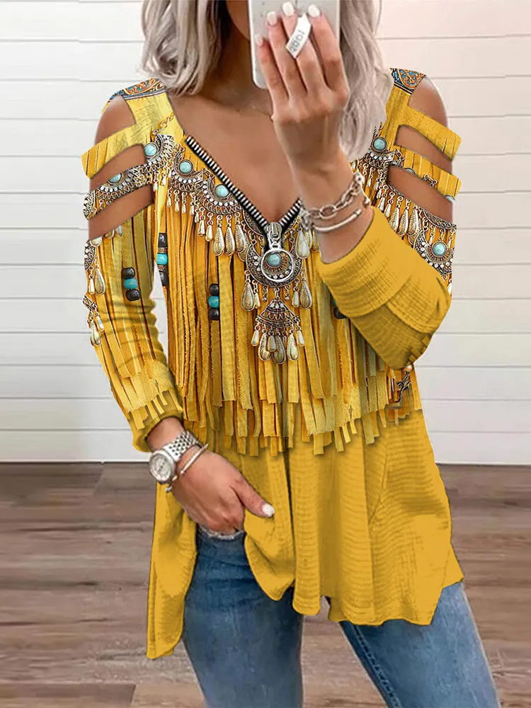 Western Tassels Printed Zip Up Hollow Out T-Shirt