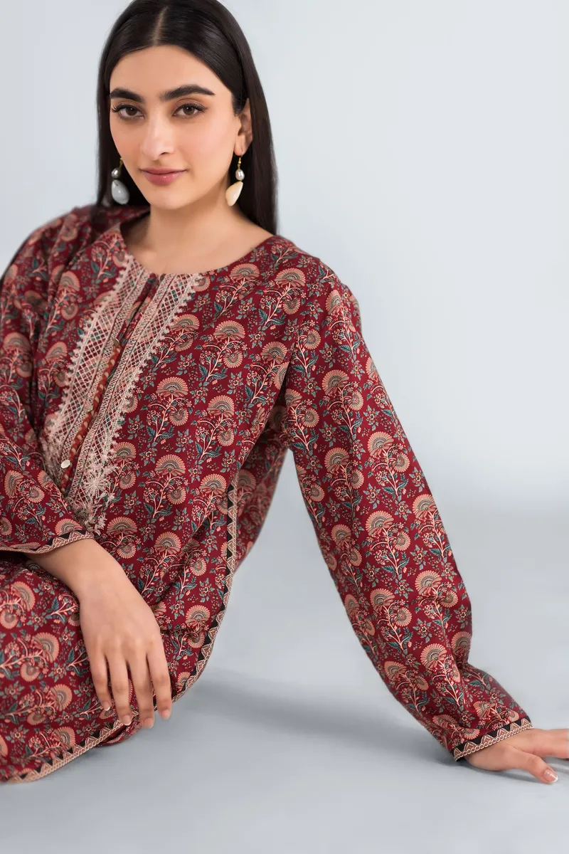 2 Piece Kurta | Embroidered & Pants | Claret