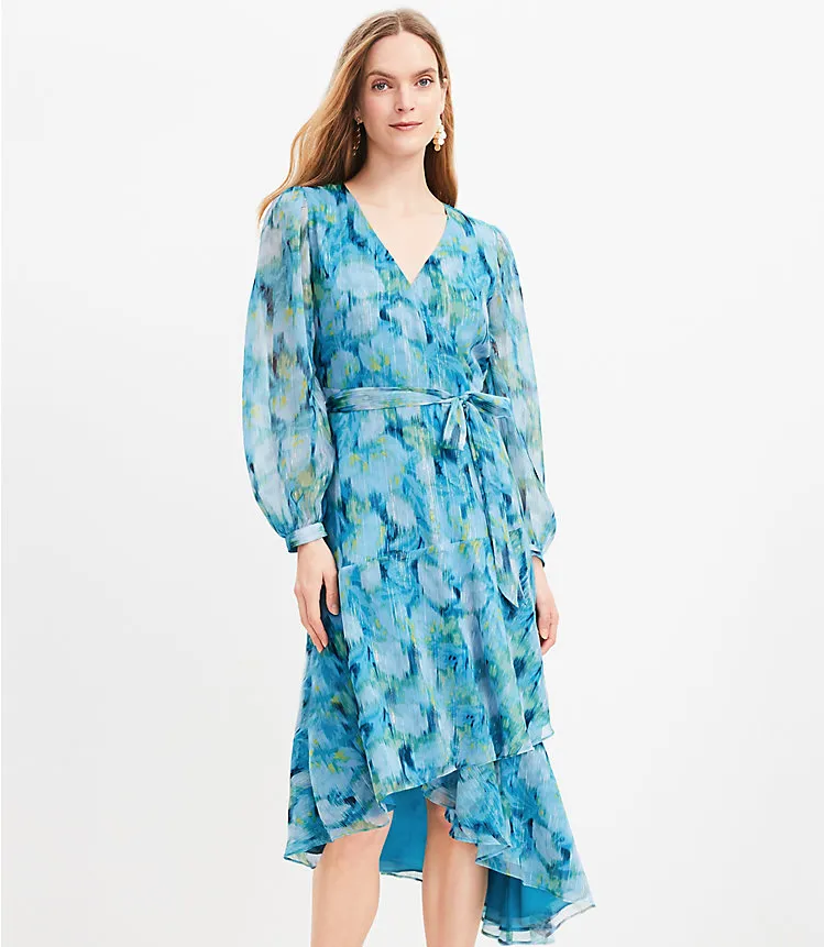 Shimmer Floral Ikat Ruffle Wrap Dress