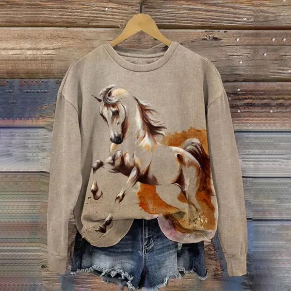 Vintage Horse Print Round Neck Long Sleeve Sweatshirt